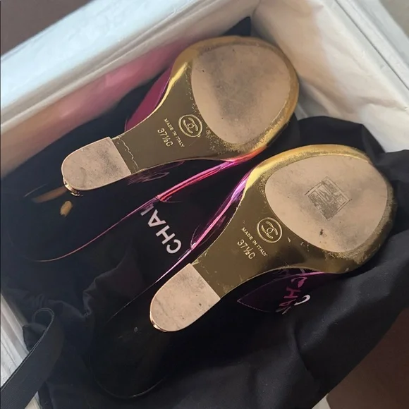 CHANEL Laminated Calfskin Wedge Mules 37.5 Pink Orange Yellow Multicolor CC logo - Picture 10 of 13